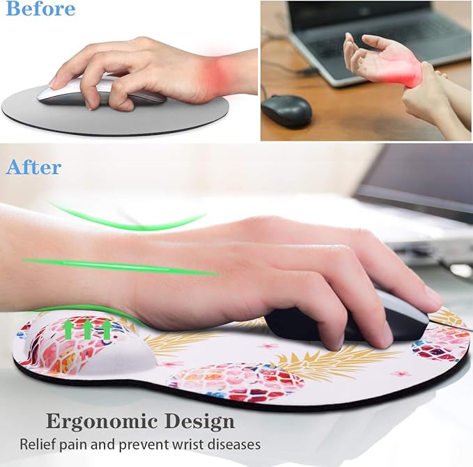 Ergonomic Mouse Pad with Wrist Support, WAVEYU Non-Slip Rubber Base Mousepad for Desk Laptop Gaming Working Computers Laptop Easy Typing & Pain Relief, Pink Pineapple