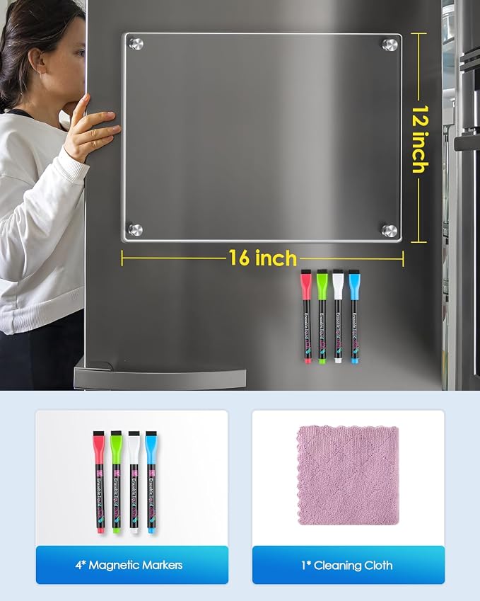 MaxGear Acrylic Magnetic Whiteboard for Fridge, 16 x 12 Inch Clear Board | Extra Large Writing Space, Strong Magnetic Hold, Smooth Writing and Easy Cleaning for Family Planning and Organization