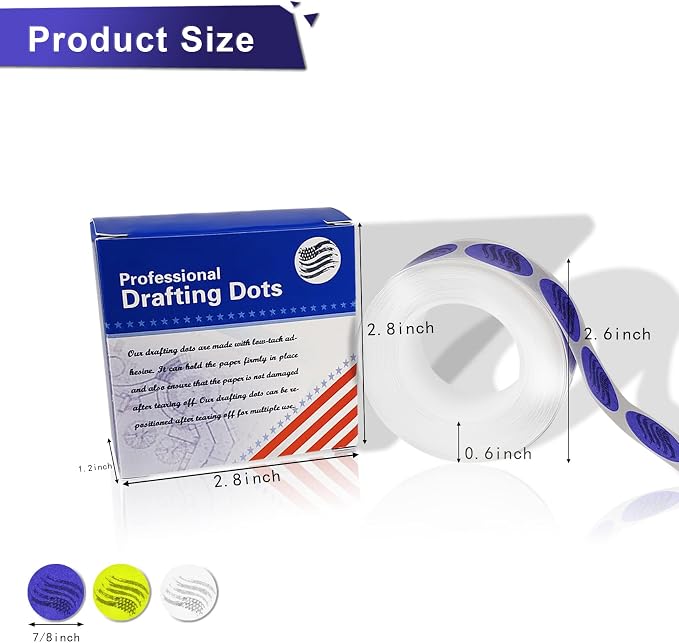 EDSRDRUS 3 Pack Drafting Dots 7/8" Diameter, Low Tack, Easy Removal, Pre-Cut Tape for Tracing, Drawing, Positioning, Roll of 500 Per Box (White)