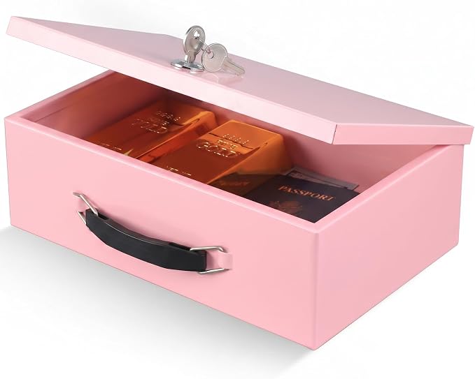 xydled Fireproof Document Box with Key Lock, Fire Safe Box, Pink | Fire and water resistant lock box for documents, passports, cash and valuables, keeping secure at home, 12.8 x 8.5 x 4.5 Inch