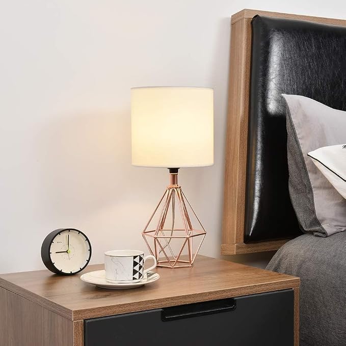 Rose Gold Bedside Table Lamp,Modern Small Desk Lamp with TC Fabric Shade Geometric Metal Base for Kids Living Room Bedroom Nightstand