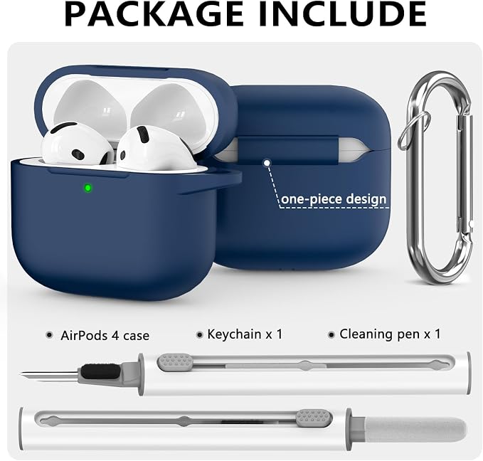 Ljusmicker for AirPods 4 Case 2024 with Cleaner Kit,Soft Silicone Protective Cover for Apple AirPods 4th Generation Cases for Women Men,for AirPod 4 Case Accessories with Keychain-Deep Blue
