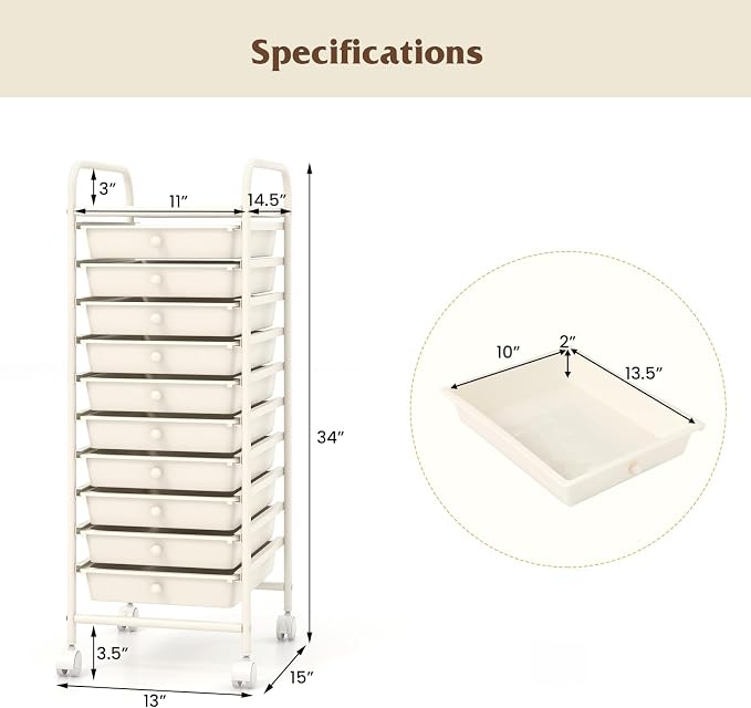 Storage Cart, Rolling Utility Cart with 10 Drawers, Portable Handles & Lockable Wheels, Mobile Paper Toys Storage Organizer Large Capacity for Home Office School Teacher (White)