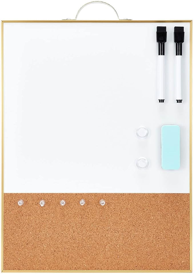 Small Combination Board - 16" X 12" Portable Aluminum Gold Framed Magnetic Dry Erase Board for Wall, Small Bulletin Cork Board with Holder for Office, Home and School