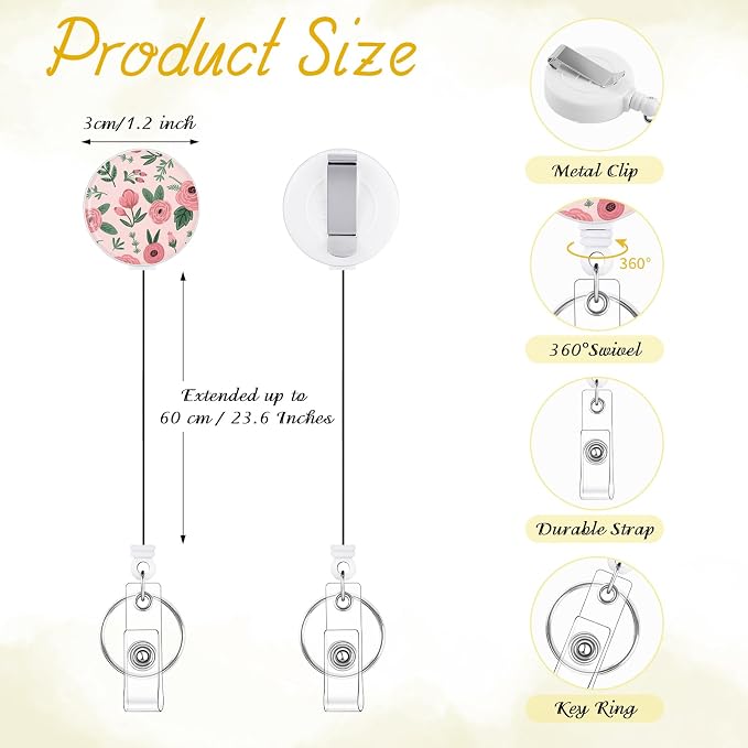 BESARME 3 Pack Badge Reels Retractable Badge Clip with Key Ring Retractable Badge Holders for Office Worker Teacher Nurse Student（Flower03）