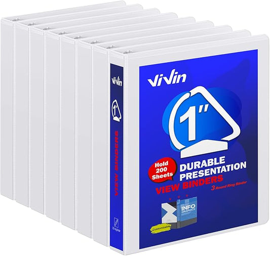 3 Ring Binder 1 Inch, ViVin Sturdy 1"-Slant D Ring Binder with 2 Interior Pockets, Clear View Cover, PVC-Free, Fits 225 Sheets of US Letter Size Paper (8 Pack, White)