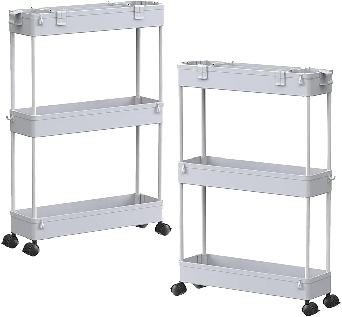 2-piece Set Slim Storage Cart 3 Tier,Bathroom Organizer Rolling Utility,Mobile Shelving Unit Slide Out for Office, Kitchen, Laundry Room & Narrow Places