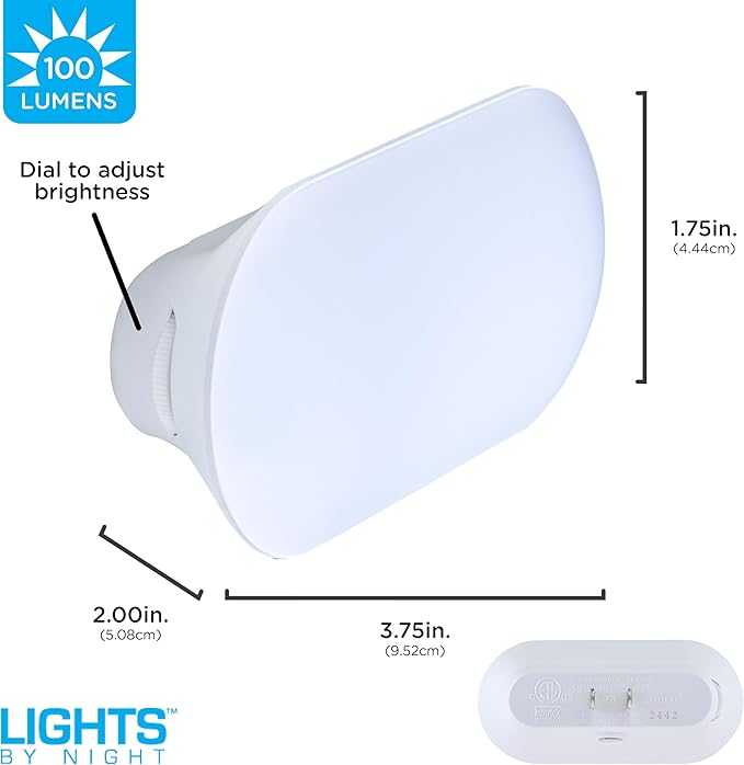 Lights by Night Mini Bright Night Light, Plug-in, Dusk-to-Dawn Sensor, Adjustable & Dimmable LED, Up to 100 Lumens – Ideal for Bedroom, Bathroom, Hallway, Kitchen, Nursery – 1 Pack (82836)