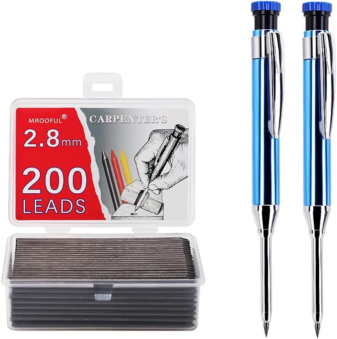 2.8mm Metal Carpenter Marking Pencils 2 Pack with 200 Refill Leads, Built-in Sharpener Tool Pencil for Woodworking, Deep Hole and Jobsite Marking, DIY, Cabinetry and Carpentry Projects (Blue)