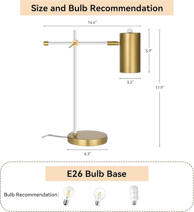 Modern White and Gold Desk Lamp with Type C Charging Port, Minimalist Industrial Table Lamp with Swing Arm, for Study Room Home Office Bedroom Bedside Nightstand