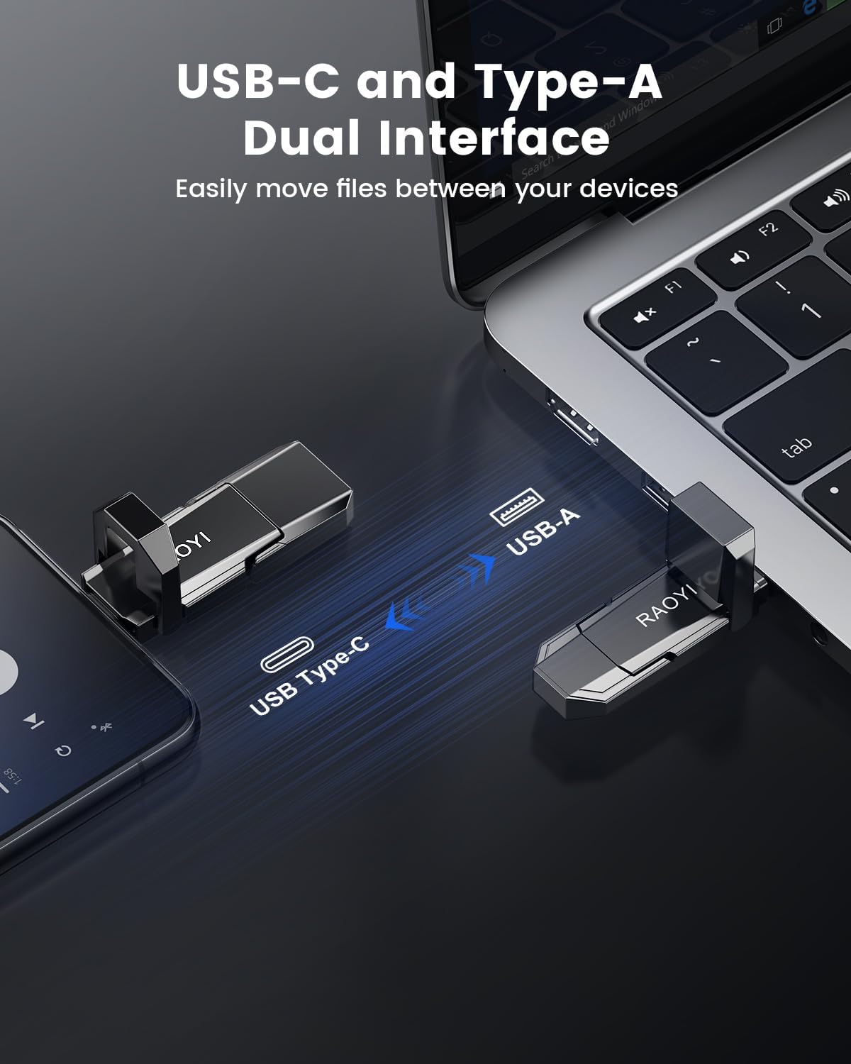 RAOYI 512GB USB C External SSD, 2-in-1 Solid State Drive Up to 450MB/s Dual USB 3.2 + Type-C Thumb Drive Portable SSD Drive for iPhone 15/16, Android, Tablet, PC and PS4