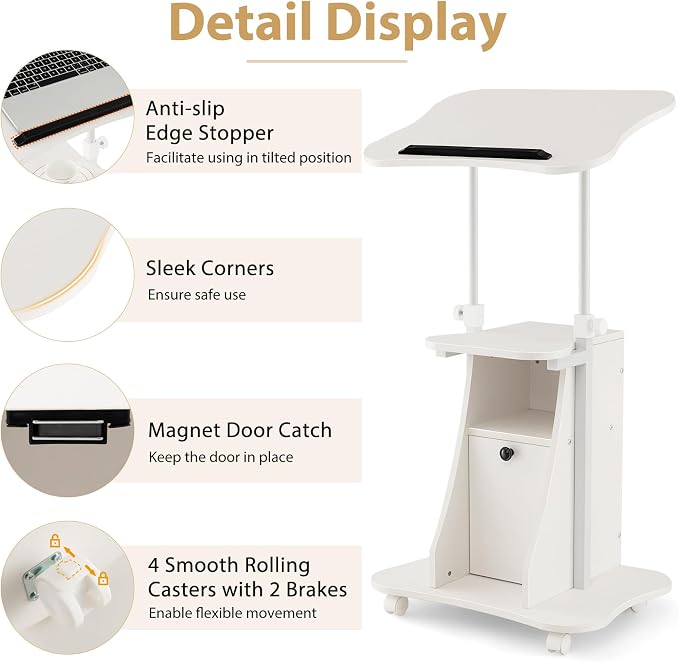 Tangkula Mobile Laptop Podium, Height Adjustable Sit to Stand Desk with Tilting Desktop & Storage Cabinet, Ergonomic Rolling Lectern Cart Laptop Desk, Office Podium Stand on Wheels