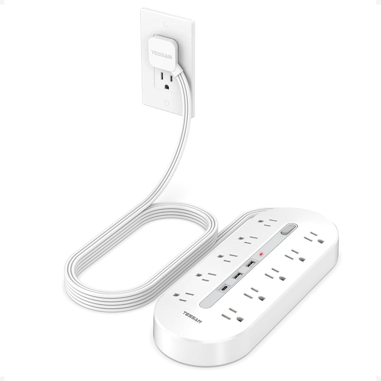 Surge Protector Power Strip 10 Ft Extension Cord, 10 AC Outlet Extender with 3 USB (1 USB C), TESSAN Flat Extension Cord with Multiple Outlets, Flat Plug Power Strip for Home, Office, Dorm Essentials