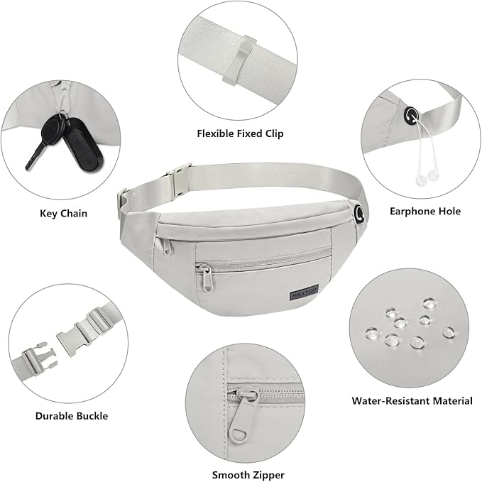 MAXTOP Large Grey Fanny Pack Crossbody Bags for Women Men Fashion Waist Bag | Nylon,Fit All Phones,Key Chain,Hands-Free,Gifts for Enjoy Sports Yoga Running Workout Walking Casual Travel