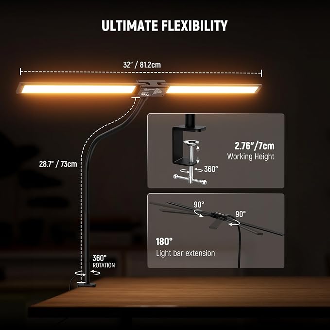 NEEWER Entry Level Version 32" LED Light with Clamp for Desk Home Office Dorm Designer Drafting, 20W Dual Computer Monitor Architect Lamp Bar, Flexible Overhead 2200lux/Remote/5 Modes CRI80+, N21