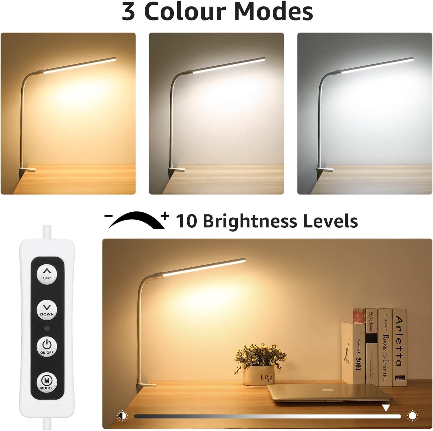 Lepro Small Desk Lamp with Clamp, LED Reading Lamps with 450LM, 3 Color Modes 10 Brightness, Dimmable USB Clip on Desk Light with Gooseneck Swing Arm for Nail, Home Office and Dorm (White)