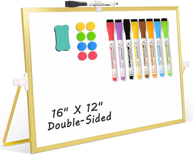 Double-Sided Magnetic White Board with Stand, 16" x 12" (Gold) | Dry Erase Board with Stand, Desktop Whiteboard Easel , Portable Small White board dry erase for Drawing, Office, Home
