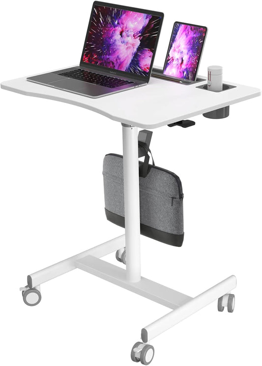 Mobile Standing Desk, 28 inch Rolling Standing Laptop Desk with Cup Holder, Mobile Desk Workstation with Wheels, Portable Computer Desk Cart with Hook for Home Office, White