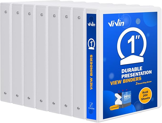3 Ring Binder 1 Inch, ViVin Sturdy 1"-Round Ring Binder with 2 Interior Pockets, Clear View Cover, PVC-Free, Fits 200 Sheets of 8.5'' x 11'' Paper, Office Home School (8 Pack, White)