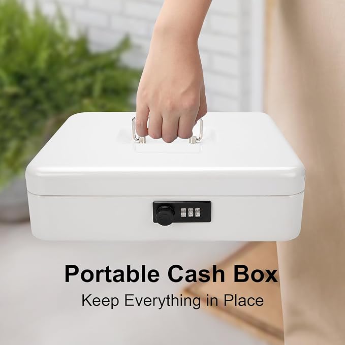 Jssmst Locking Large Metal Cash Box with Money Tray, Money Box with Combination Lock, White, SM-CB0511L