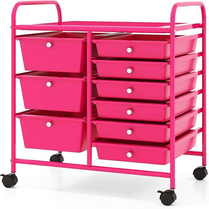 COSTWAY Rolling Storage Cart with 9 Drawer, Utility Cart with Metal Frame | Mobile Art Supply Craft Organizer, Multipurpose Storage Organizer for Paper, Office, School Teacher, Classroom, Hot Pink