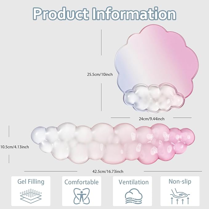 Gel Wrist Rest and Cloud Mouse Pad Support for Keyboard and Mouse - Ergonomic Pink Keyboard Wrist Pad Set for Typing Pain Relief/Computer/Laptop/Gaming/Home/Office (Cloud Shape, Gradient Blue Pink)