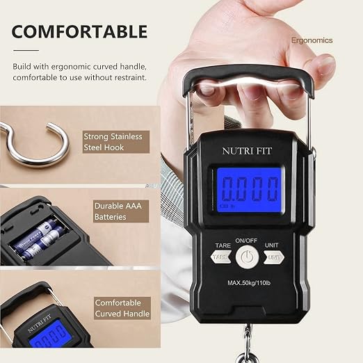 NUTRI FIT Luggage Scale Digital Suitcase Weighing Fish Portable for Travel | 2-Stage Precision, Max 110lb, Smart Tare, Backlit LCD, Lock Data, Handheld, Weight Suitcase with Hook, Travel, Fishing, Gifts