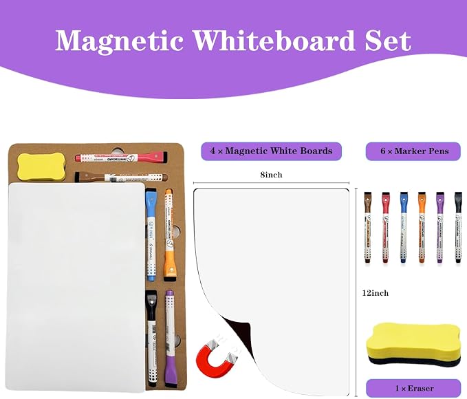 UJL Magnetic Dry Erase Board for Fridge Small White Board 12"X8" 4Pack | Magnetic White Board with 6 Markers & 1 Eraser Fridge Whiteboard For Home Kitchen Organizer and Planner