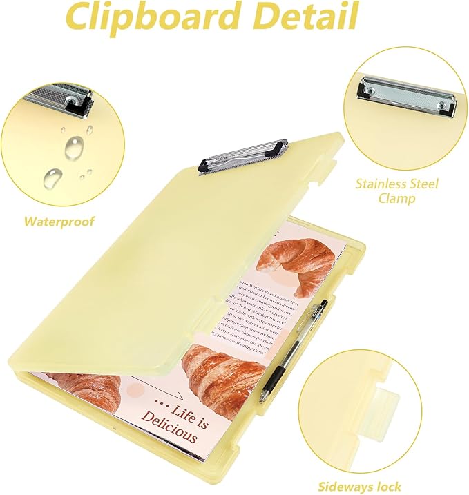 Letter Size Clipboard with Storage 8.5 * 11, Plastic Clear Yellow Clipboard File Box A4 Nursing Clip Board for School & Office with Christmas Stickers (Clear Yellow-1PCS)