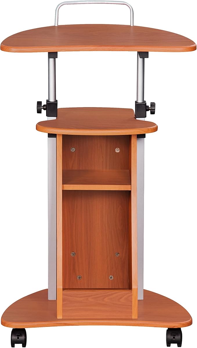 Techni Mobili Adjustable Height Rolling Laptop Cart with Storage, Woodgrain | Adjustable height rolling laptop cart with storage drawer, open shelf, wheels, sit‑stand design for office or medical use
