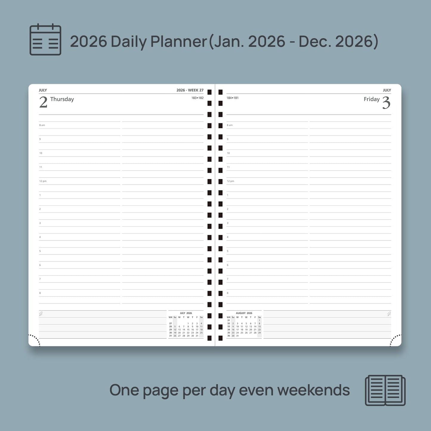 POPRUN 2026 Daily Planner One Page A Day - [A4 Large Size 8.25" x 12" -Spiral Hard Cover], Agenda 2026 Hourly Appointment Book with Monthly Calendar, Pen Holder, Ivory Paper -Black