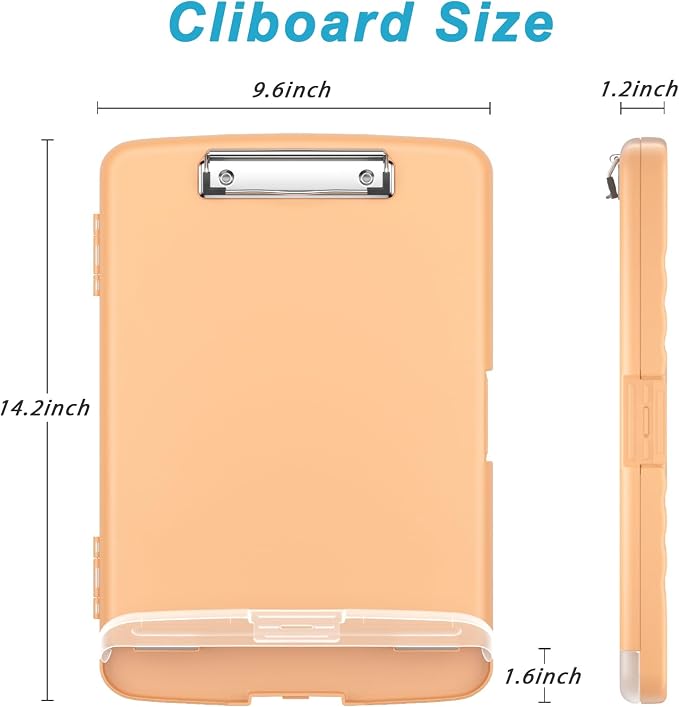 Rimilak Clipboard with Storage, 8.5 x 11'' High Capacity Clip Board, Orange | Smooth Writing, Side-Opening Plastic Folder with Pen Holder, Size 14.2 x 9.6 x 1.2″ ,for Classroom, Teacher, Student