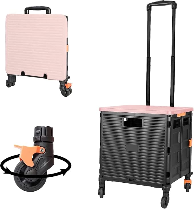 FELICON SELORSS Foldable Utility Cart Folding Portable Rolling Crate-Pink | Heavy Duty,Telescoping Handle,4 Rotate Wheels,Collapsible Handcart for Travel Shop Move Luggage Laundry Teacher Office Use