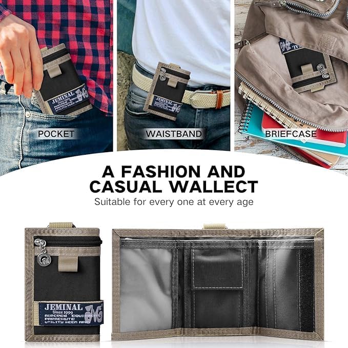 JEMINAL Trifold Canvas Wallet for Men Outdoor Sports Wallet with Keychain, Multiple Card Slots, ID Window, Lightweight Nylon Casual Wallet, Black