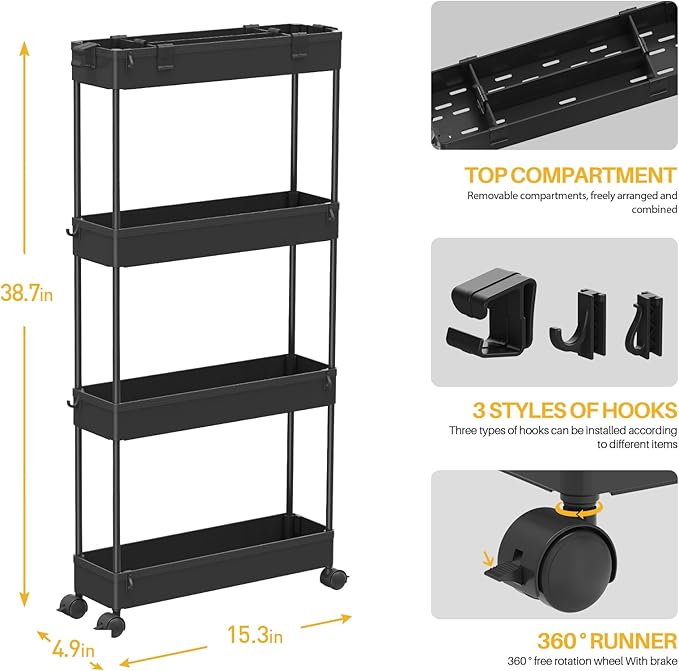 Slim Storage Cart 4 Tier,Bathroom Organizer Rolling Utility,Mobile Shelving Unit Slide Out for Office, Kitchen, Laundry Room & Narrow Places,Black