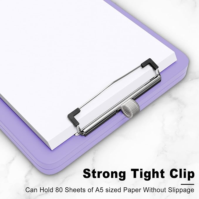 Hongri A5 Clipboard with Storage, Metal Retractable Pen Holder, Purple | 6 x 9'' Nursing Plastic Foldable Clip Board, Size 9.4 x 6.1 x 0.9 in, Menu Box for Work, Office & School Supplies
