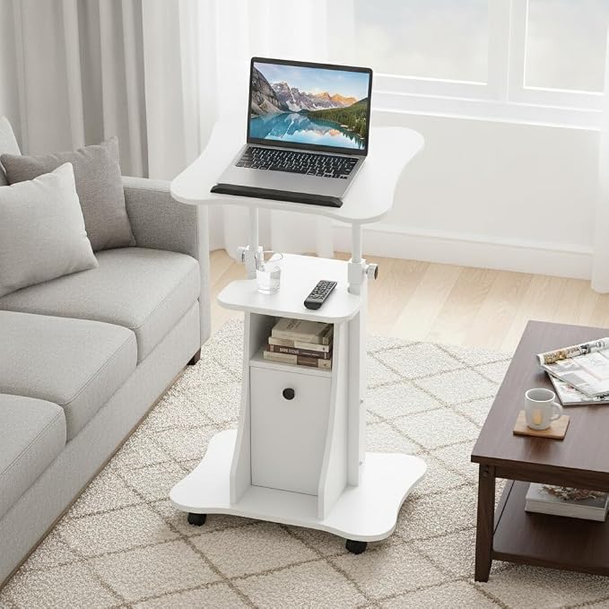 Tangkula Rolling Lectern Podium Stand, Height Adjustable Laptop Table with Tilting Tabletop & Storage Shelves, Compact Standing Desk with Lockable Casters for Home Office School (White)