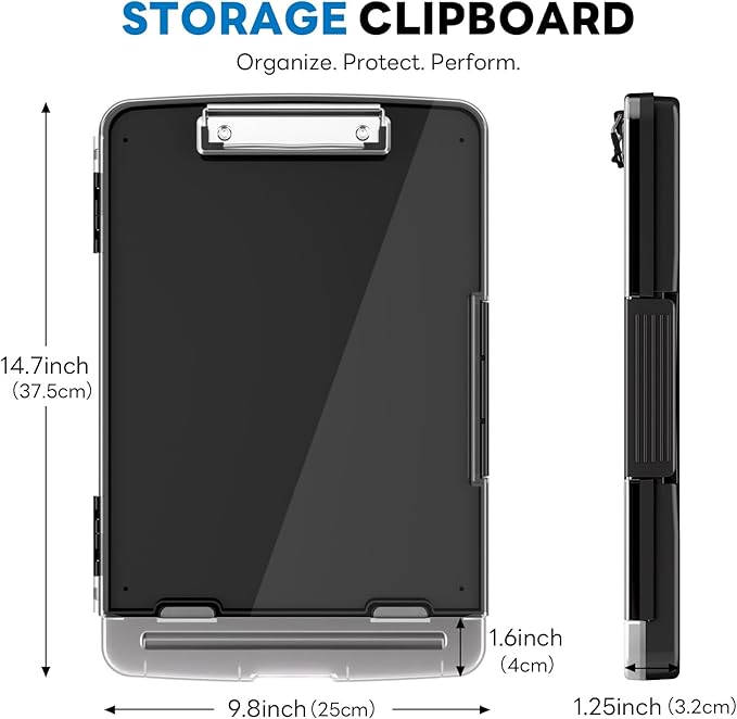 Clipboard with Storage and Pen Holder, Black 8.5 x 11'' Folder Side Open, Heavy Duty with Dual Compartment, Clear Dry Erase for Coach, Size 14.5 x 9.8 x 1.5'', Office & School Supply
