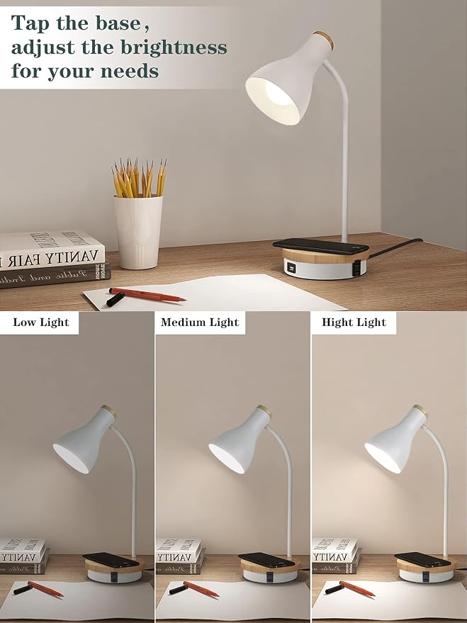 LALISU Metal Desk Lamp Wireless Charging Table Lamp Touch Reading Lights Arc Desk Lamps for Bedroom, 3 Way Dimmable Bedside Lamp with USB Charging Ports Lamp for Study Room and Office (White)