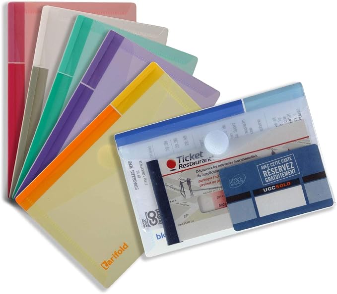 Tarifold Document Holders w/Closure, 6.25 in x 4.5 in, Assorted, 6 Pack | 6 reusable document holders, 6.25 inches x 4.5 inches, secure closure, assorted colors
