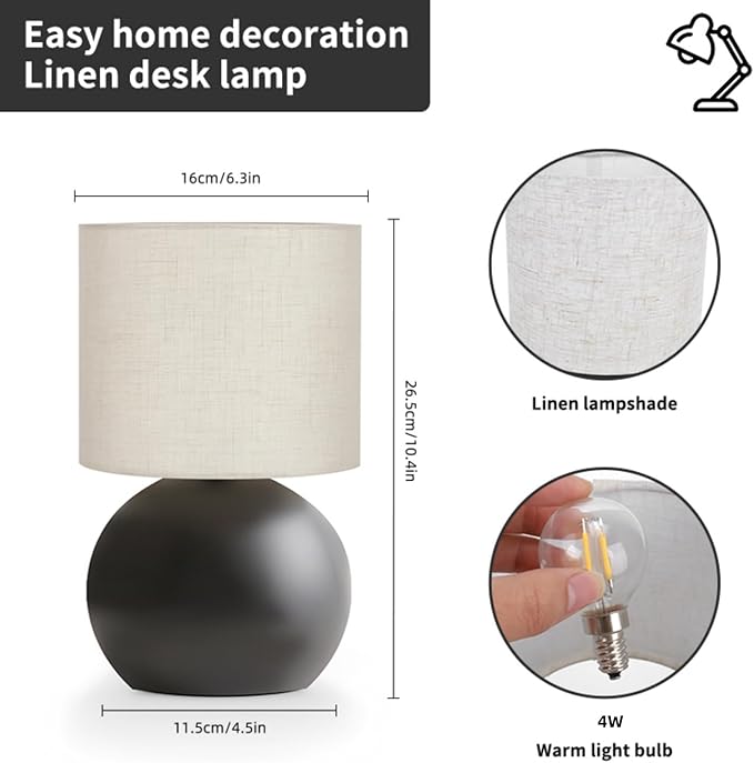 Modern Black Small Table Lamp with Cotton Linen Shade, 6.2×6.2×10.4 inch LED Desk Light, One-Button Switch for Bedroom, Living Room, Nightstand, Includes Warm Light Bulb