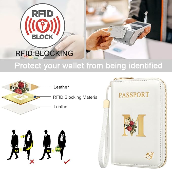 Passport Holder for Travel Personalized Wallet with Wristlet Women | All-in-One Passport Cover, RFID Blocking, Back Coin Pocket, Paper Money Slot, Zipper Closure, Roses Initial Letter, White M