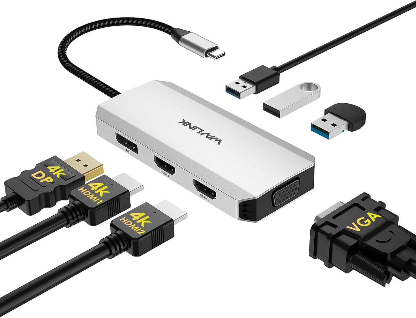 WAVLINK USB C Docking Station for MacBook Dell XPS 13/15, Lenovo Yoga, HP Laptops, USB C to Dual HDMI Monitors for Windows, Dual HDMI, Displayport, VGA, 3 USB 2.0 Ports, Silver
