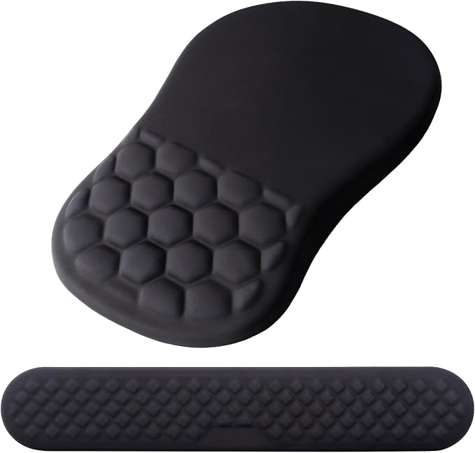 Ergonomic Mouse Pad Wrist Support, 2 in 1 Keyboard Wrist Rest Set | Memory Foam, 15° Ergonomic Slope, Massage Bead Design, Non-Slip PU Base, Lycra Fabric, for Office & Gaming,Black