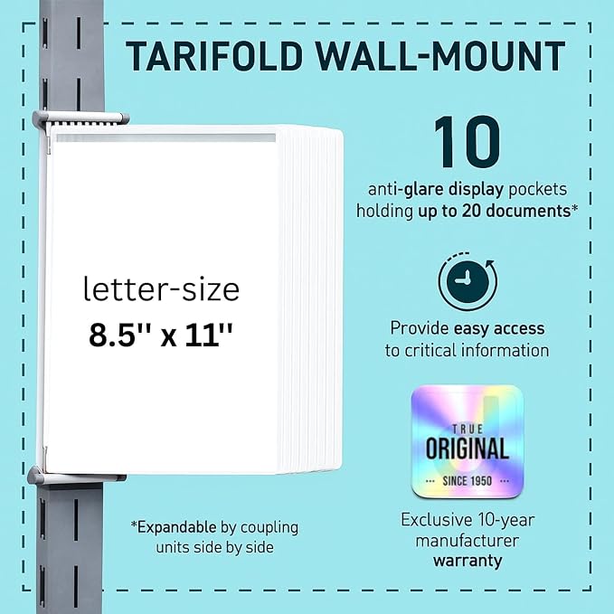 Tarifold Wall Mount Reference System, 10 Pockets, Expandable, White | 10 double-sided PVC pockets hold 20 letter-size sheets, sturdy wall-mount bracket, snap-on index tabs, easy to install