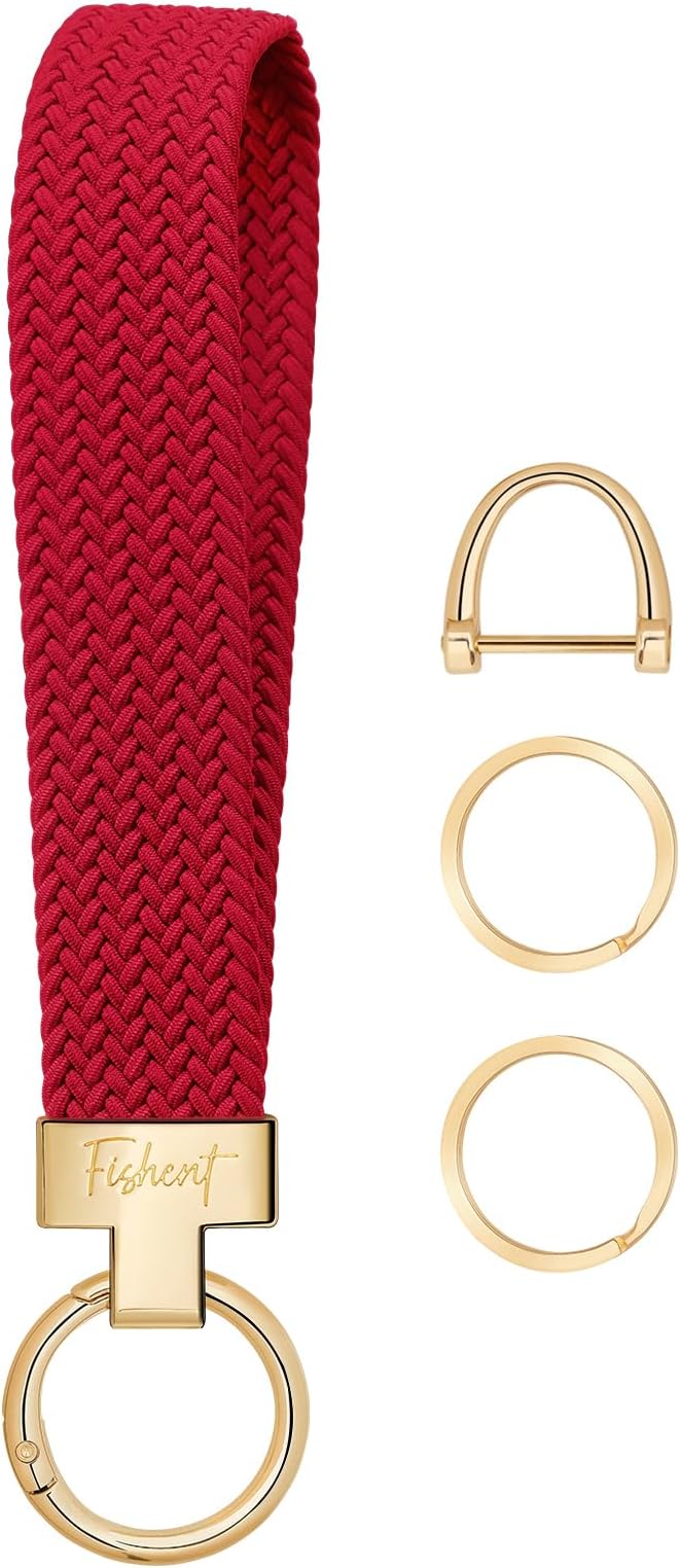 Fishent Stretchy Wristlet Keychain, Cute Key Chain, Woven Wrist Lanyard for Car Keys with 3 Keyrings and D-ring for Women Men