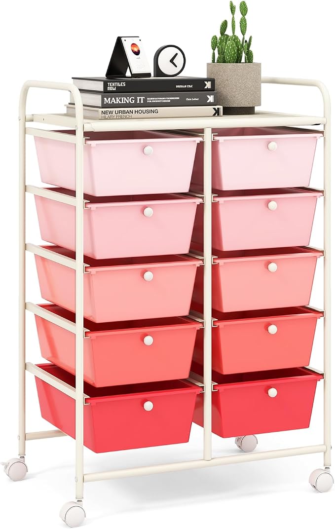 10 Drawer Rolling Cart, Storage Cart Organizer on Wheels, Drawer Cart with Metal Frame & Large Storage Capacity, Rolling Cart with Drawers for Living Room Classroom, Office