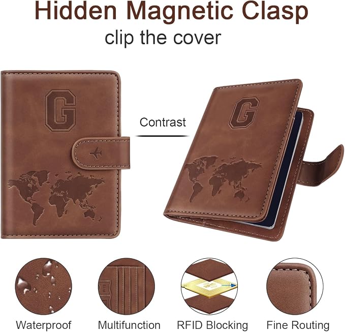 Passport Holder Wallet Cover Personalized Initial Travel Essentials | Embossed Letter A-Z Design, Travel Wallets, RFID Blocking, Passport Book Holders, Women Men, Personalized Gifts, Brown-G