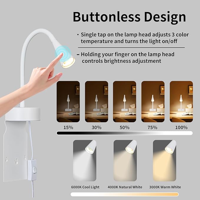 White Headboard Reading Light, No Drilling Wall Mounted Reading Lights for Bedside, Book Light for Bedtime Reading, Buttonless Dimmable Reading Lamp, Movable Gooseneck Reading Sconces for Bedroom