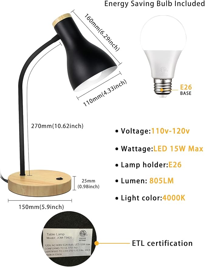 LALISU Metal Desk Lamp Table Lamp Reading Lights Arc Desk Lamps for Bedroom, Wood Base Bedside Lamp with Flexible Gooseneck for Study Room and Office (Wood Base+Black)